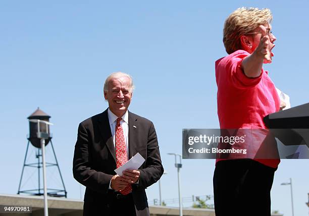 Jennifer Granholm, governor of Michigan, speaks at a news conference outside NextEnergy with U.S. Vice President Joseph Biden looking on in Detroit,...