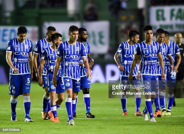 Players of Godoy Cruz leave the field after the first half during a match between Banfield and Godoy Cruz as part of Argentina Superliga 2017/18 at...