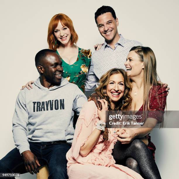 Gbenga Akinnagbe, Christina Hendricks, Alysia Reiner, David Alan Basche and Marianna Palka of the film Egg pose for a portrait during the 2018...