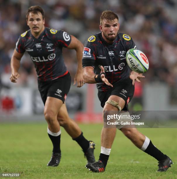 Tyler Paul of the Cell C Sharks during the Super Rugby match between Cell C Sharks and DHL Stormers at Jonsson Kings Park on April 21, 2018 in...