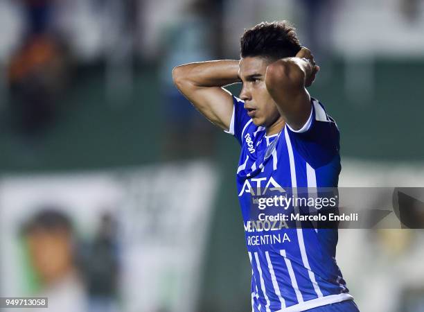 Guillermo Fernandez of Godoy Cruz reacts after Santiago Garcia misses a chance to score during a match between Banfield and Godoy Cruz as part of...