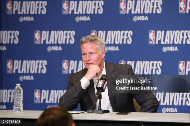 Head Coach Brett Brown of the Philadelphia 76ers speaks to the media after Game Four of the Eastern Conference Quarterfinals against the Miami Heat...