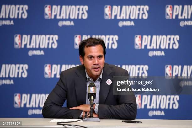 Head Coach Erik Spoelstra of the Miami Heat speaks to the media after Game Four of the Eastern Conference Quarterfinals against the Philadelphia...