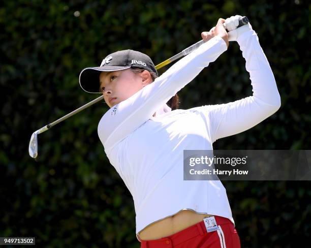 Jin Young Ko of South Korea hits a tee shot on the seventh hole during round three of the Hugel-JTBC Championship at the Wilshire Country Club on...