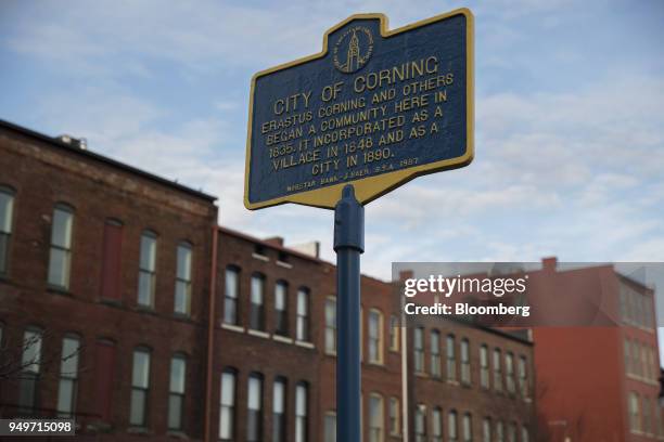 Sign stands in the historic district of Corning, New York, U.S., on Monday, March 27, 2017. The Corning Inc., a manufacture of liquid crystal display...