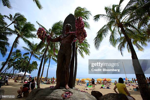 Statue of Duke Kahanamoku stands along Waikiki Beach in Honolulu, Hawaii, U.S., on Thursday, Aug. 20, 2009. Hawaii was admitted to the Union on Aug....