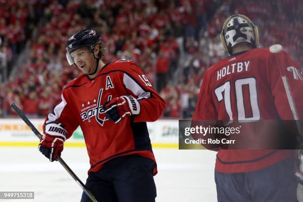 Nicklas Backstrom of the Washington Capitals celebrates after scoring a first period goal against the Columbus Blue Jackets during Game Five of the...