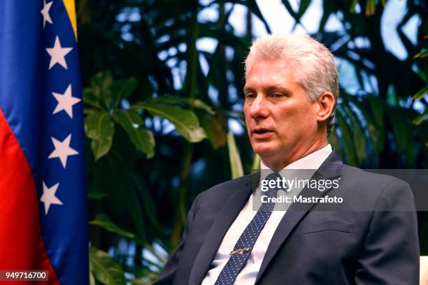 President of Cuba, Miguel Díaz-Canel talks with President of Venezuela Nicolas Maduro on April 21, 2018 in Havana, Cuba. Maduro is the first...