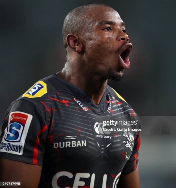 Makazole Mapimpi of the Cell C Sharks during the Super Rugby match between Cell C Sharks and DHL Stormers at Jonsson Kings Park on April 21, 2018 in...