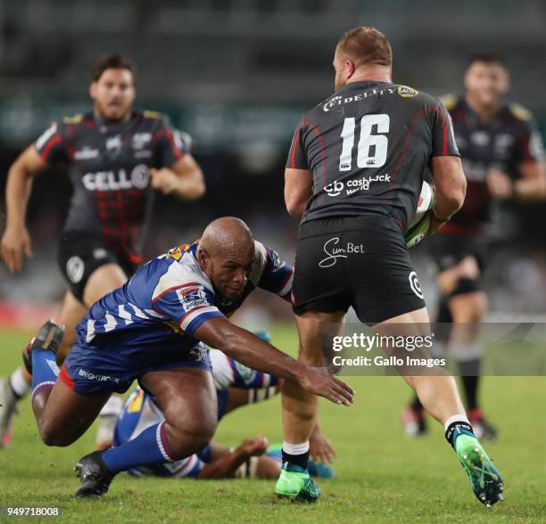 Ramone Samuels of The DHL Stormers tackling Akker van der Merwe of the Cell C Sharks during the Super Rugby match between Cell C Sharks and DHL...