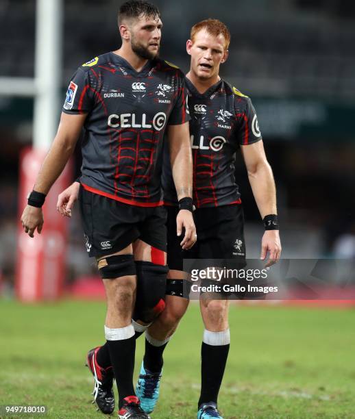 Ruan Botha of the Cell C Sharks with Philip van der Walt of the Cell C Sharks during the Super Rugby match between Cell C Sharks and DHL Stormers at...