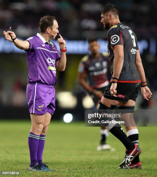 Referee: Glen Jackson during the Super Rugby match between Cell C Sharks and DHL Stormers at Jonsson Kings Park on April 21, 2018 in Durban, South...