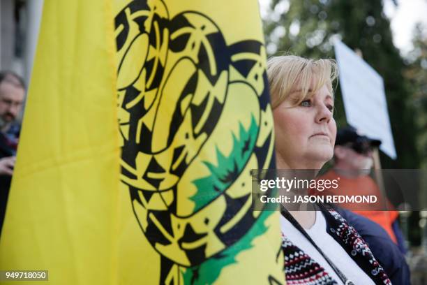 Gun advocate is pictured in front of the Washington-state capitol during the "March for Our Rights" pro-gun rally in Olympia, Washington on April 21,...