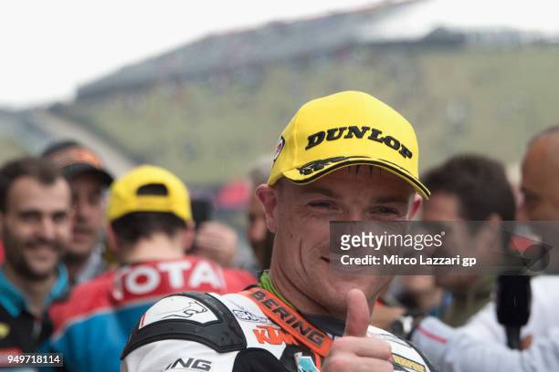 Sam Lowes of Great Britain and Swiss Innovative Investors celebrates the second place in Moto2 at the end of the qualifying practice during the...