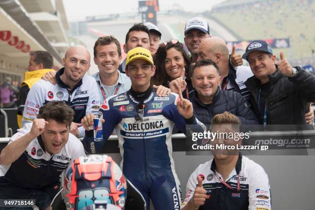 Jorge Martin of Spain and Del Conca Gresini Moto3 Honda celebrates with team the Moto3 pole position at the end of the qualifying practice during the...