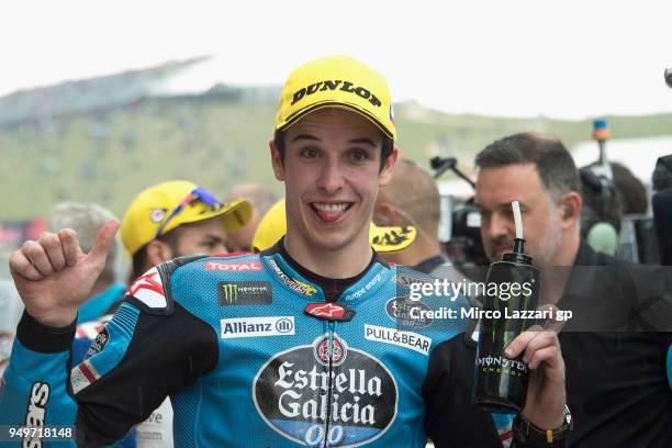 Alex Marquez of Spain and EG 0,0 Marc VDS celebrates the Moto2 pole position at the end of the qualifying practice during the MotoGp Red Bull U.S....