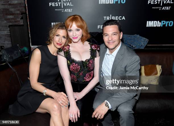 Actors Alysia Reiner, Christina Hendricks and David Alan Basche attend the 2018 Tribeca Film Festival after party for "Egg" hosted by the IMDbPro App...