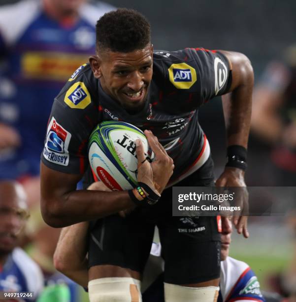 Hyron Andrews of the Cell C Sharks during the Super Rugby match between Cell C Sharks and DHL Stormers at Jonsson Kings Park on April 21, 2018 in...