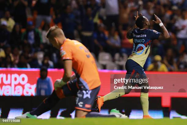 Renato Ibarra of America celebrates after scoring the first goal of his team during the 16th round match between Puebla and America as part of the...