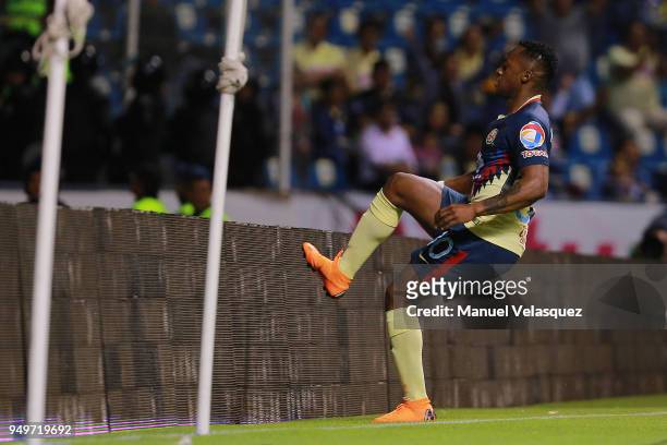 Renato Ibarra of America celebrates after scoring the first goal of his team during the 16th round match between Puebla and America as part of the...