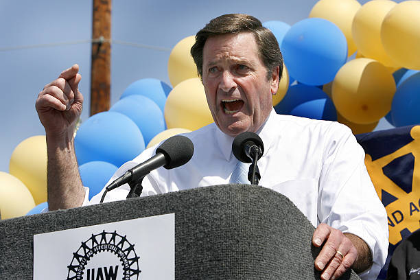 California Lt. Gov. John Garamendi talks to workers, union leaders, and community members during a rally outside the New United Motor Manufacturing...