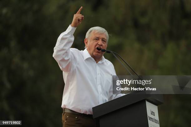 Andres Manuel Lopez Obrador, presidential candidate of the National Regeneration Movement Party , talks during an Election Campaign Event on April...