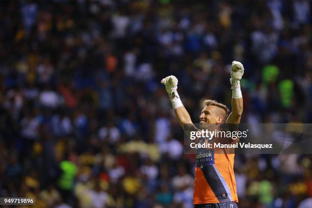 Nicolas Vikonis, of Puebla celebrates during the 16th round match between Puebla and America as part of the Torneo Clausura 2018 Liga MX at...