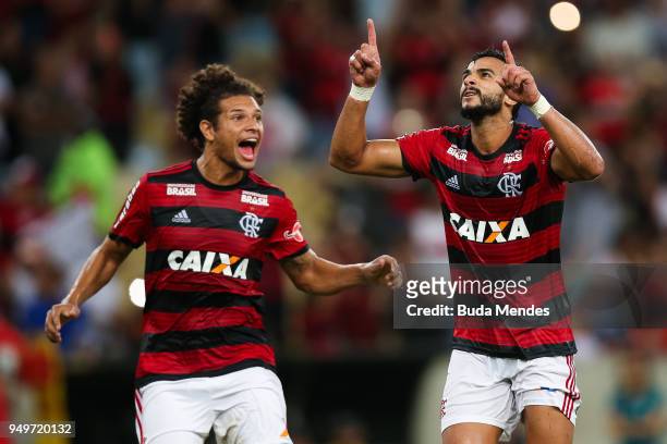 Henrique Dourado of Flamengo celebrates a scored goal against America MG during a match between Flamengo and America MG as part of Brasileirao Series...