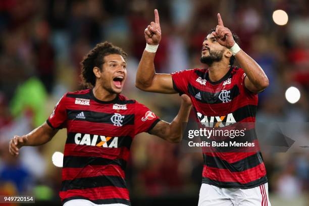 Henrique Dourado of Flamengo celebrates a scored goal against America MG during a match between Flamengo and America MG as part of Brasileirao Series...