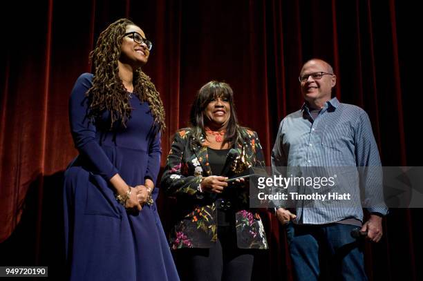 Director Ava DuVernay, Chaz Ebert, and Nate Kohn attend the Roger Ebert Film Festival on Day four at the Virginia Theatre on April 21, 2018 in...