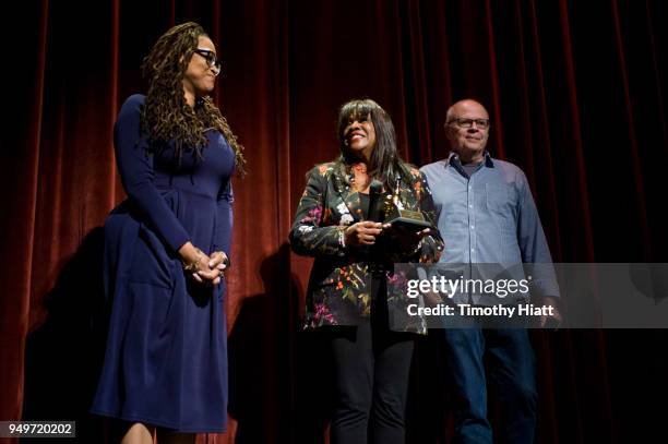 Director Ava DuVernay, Chaz Ebert, and Nate Kohn attend the Roger Ebert Film Festival on Day four at the Virginia Theatre on April 21, 2018 in...