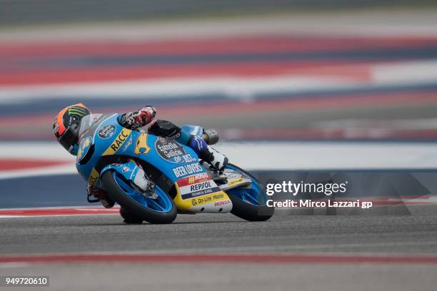 Aron Canet of Spain and Estrella Galicia 0,0 Honda rounds the bend during the Moto3 qualifying practice during the MotoGp Red Bull U.S. Grand Prix of...
