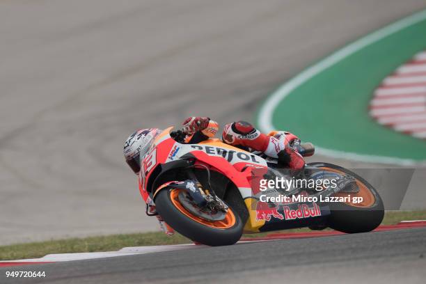 Marc Marquez of Spain and Repsol Honda Team rounds the bend during the MotoGP qualifying practice during the MotoGp Red Bull U.S. Grand Prix of The...