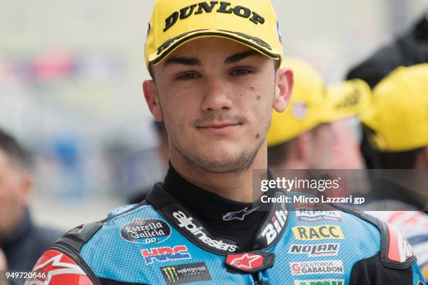 Aron Canet of Spain and Estrella Galicia 0,0 Honda celebrates the second place in Moto3 at the end of the qualifying practice during the MotoGp Red...