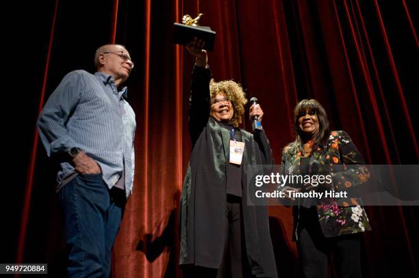 Nate Kohn, Director Julie Dash, and Chaz Ebert attend the Roger Ebert Film Festival on Day four at the Virginia Theatre on April 21, 2018 in...