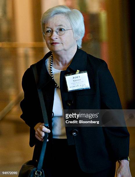 Janet Yellen, president of the Federal Reserve Bank of San Francisco, arrives for a morning session during the Jackson Hole Economic Symposium at the...