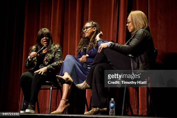 Chaz Ebert, Director Ava DuVernay, and Rita Coburn-Whack attend the Roger Ebert Film Festival on Day four at the Virginia Theatre on April 21, 2018...