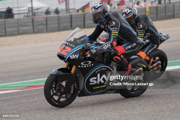 Francesco Bagnaia of Italy and Sky Racing Team VR46 leads Luca Marini of Italy and Sky Racing Team VR46 during the Moto2 qualifying practice during...
