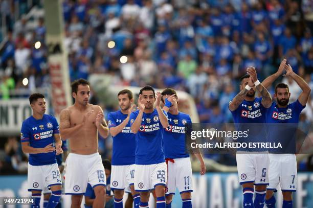 Cruz Azul's players cheer their fans after their Mexican Clausura 2018 tournament football match against Morelia at Azul stadium in Mexico City on...