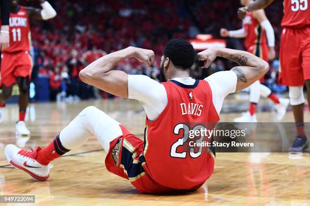 Anthony Davis of the New Orleans Pelicans reacts to a foul by the Portland Trail Blazers during the second half of Game Four of the first round of...