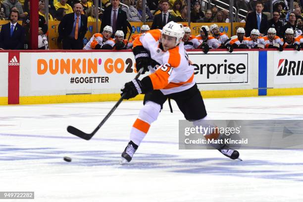 Valtteri Filppula of the Philadelphia Flyers takes a shot on goal against the Pittsburgh Penguins in Game Five of the Eastern Conference First Round...