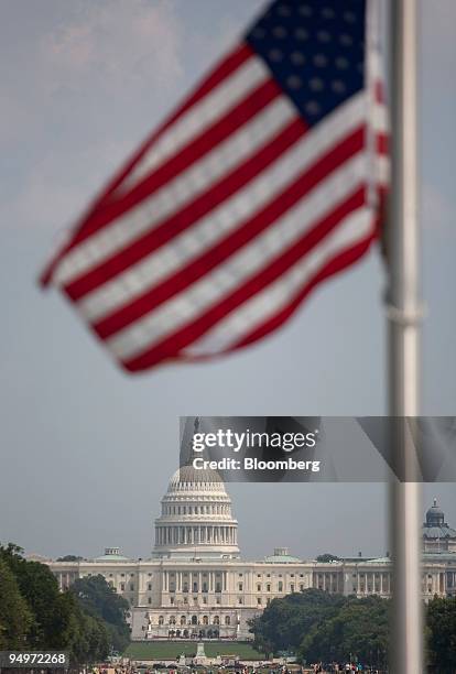 The Capitol building is seen from the Washington Monument where flags fly at half mast in honor of the late Senator Edward M. "Ted" Kennedy in...