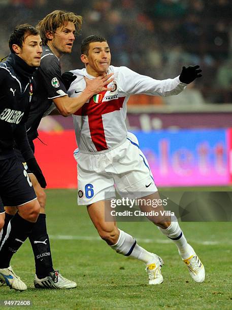 Lucio of FC Internazionale Milano competes for the ball with Guglielmo Stendardo of SS Lazio during the Serie A match between Inter Milan and Lazio...