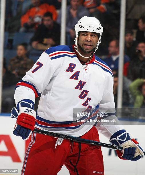Donald Brashear of the New York Rangers skates against the New York Islanders at the Nassau Coliseum on December 17, 2009 in Uniondale, New York.