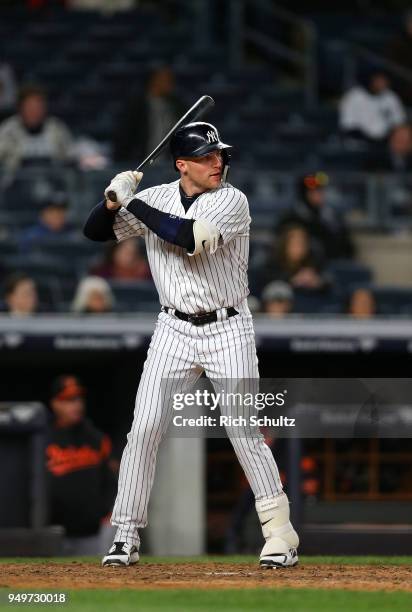 Brandon Drury of the New York Yankees in action against the Baltimore Orioles during a game at Yankee Stadium on April 5, 2018 in the Bronx borough...