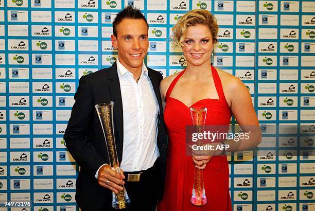 Sportsman of the Year Philippe Gilbert and Sportswoman of the Year Kim Clijsters pose during the sport gala ceremony, the sportswoman and sportsman...