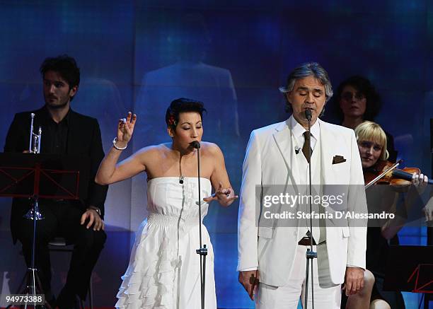 Malika Ayane and Andrea Bocelli perform live during 'Che Tempo Che Fa' Italian Tv Show on December 20, 2009 in Milan, Italy.