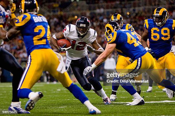 Jacoby Jones of the Houston Texans rushes against the St. Louis Rams at the Edward Jones Dome on December 20, 2009 in St. Louis, Missouri.