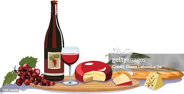 wine and cheese assortment of elements on cutting board - wine and cheese stock illustrations