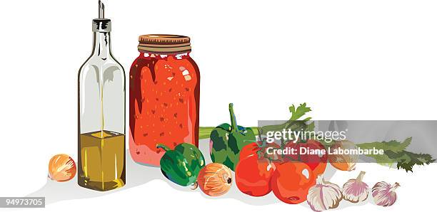 illustrazioni stock, clip art, cartoni animati e icone di tendenza di salsa di pomodoro ingredienti - condimento per insalata